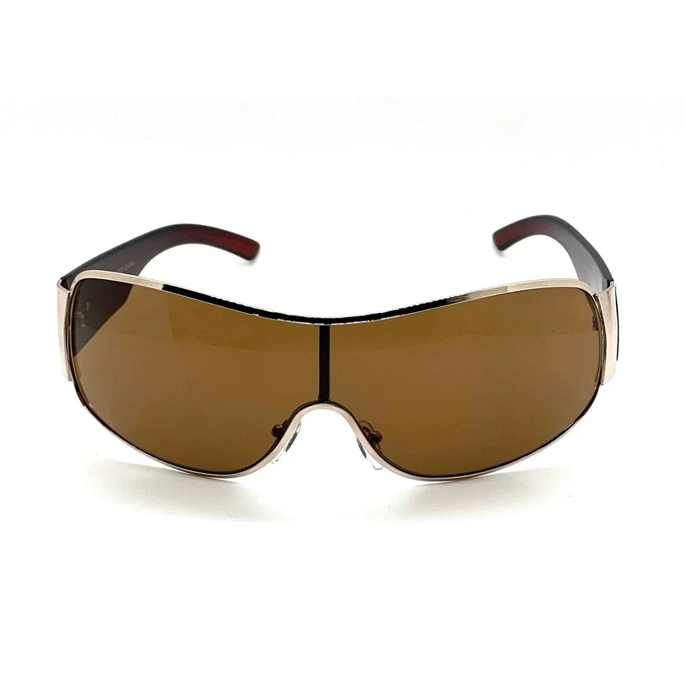 Block Curved One Piece Shield Sunglasses‎ Men's Flat Top Gold Frame Brown Lens